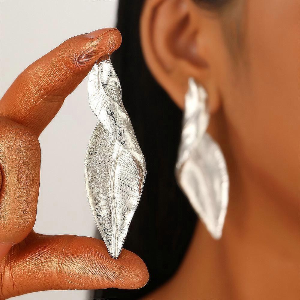 1pair Alloy Stud Earrings Silver Leaf 50mm