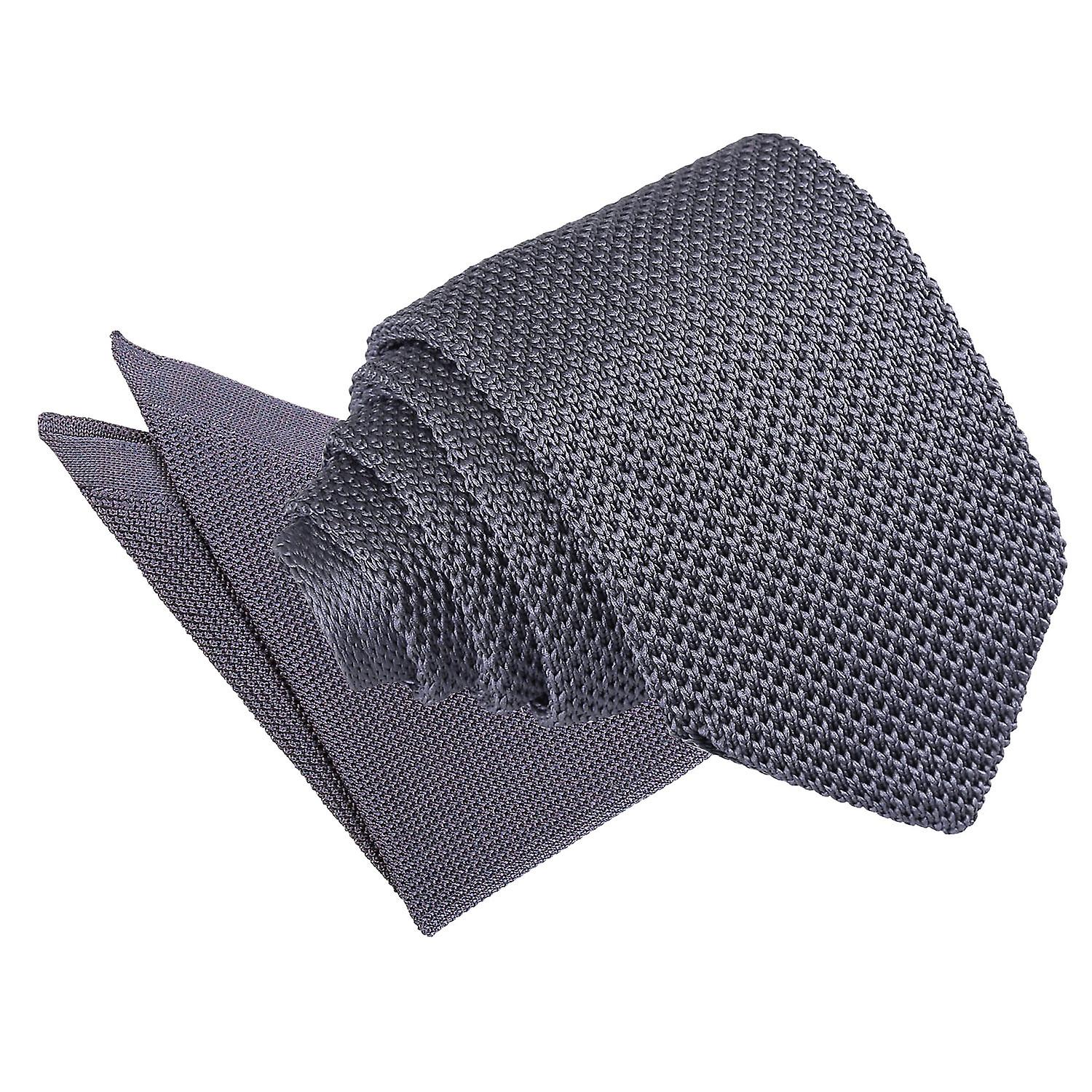 Charcoal Knitted Slim Tie and Pocket Square Set