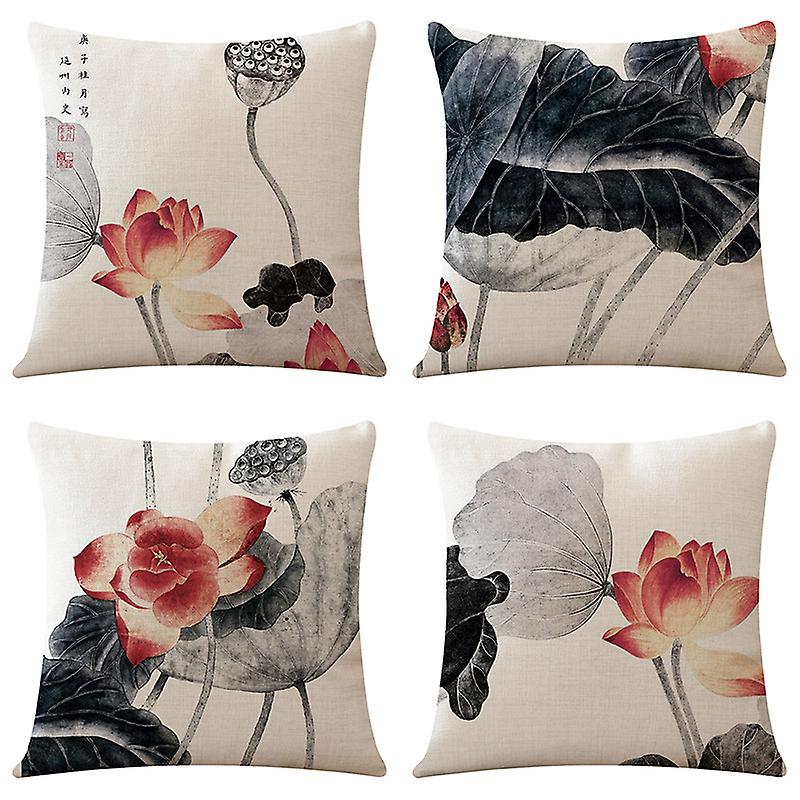 Set of 4 Linen Cushion Cover 45x45cm Lotus Pattern Decorative Cushion Case for Sofa Bedroom Cushion