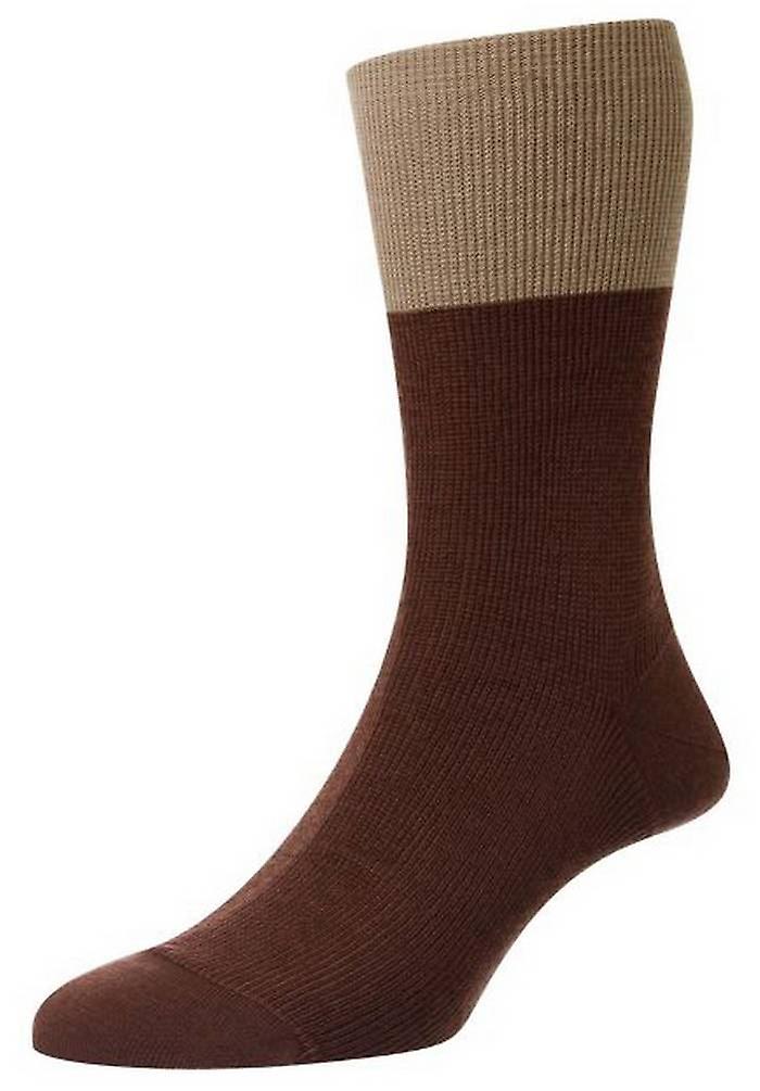 Pantherella Grindon Semi Plain Merino Wool Socks - Conker/Light Khaki