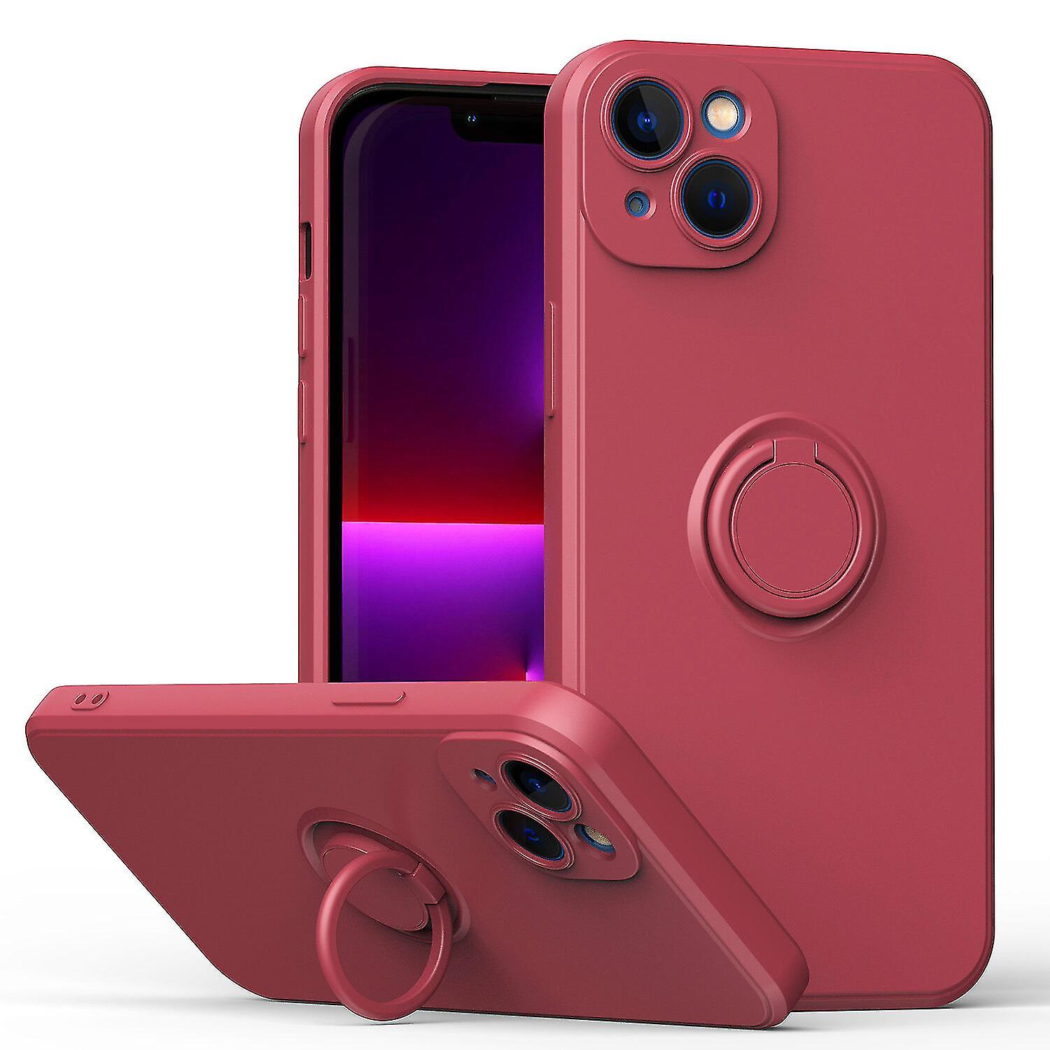 Simple Color Phone Case For Iphone 12 With Ring Stand, Metal Plate For Magnetic Charging, Shock Absorption Design, 360 Rotating Stand