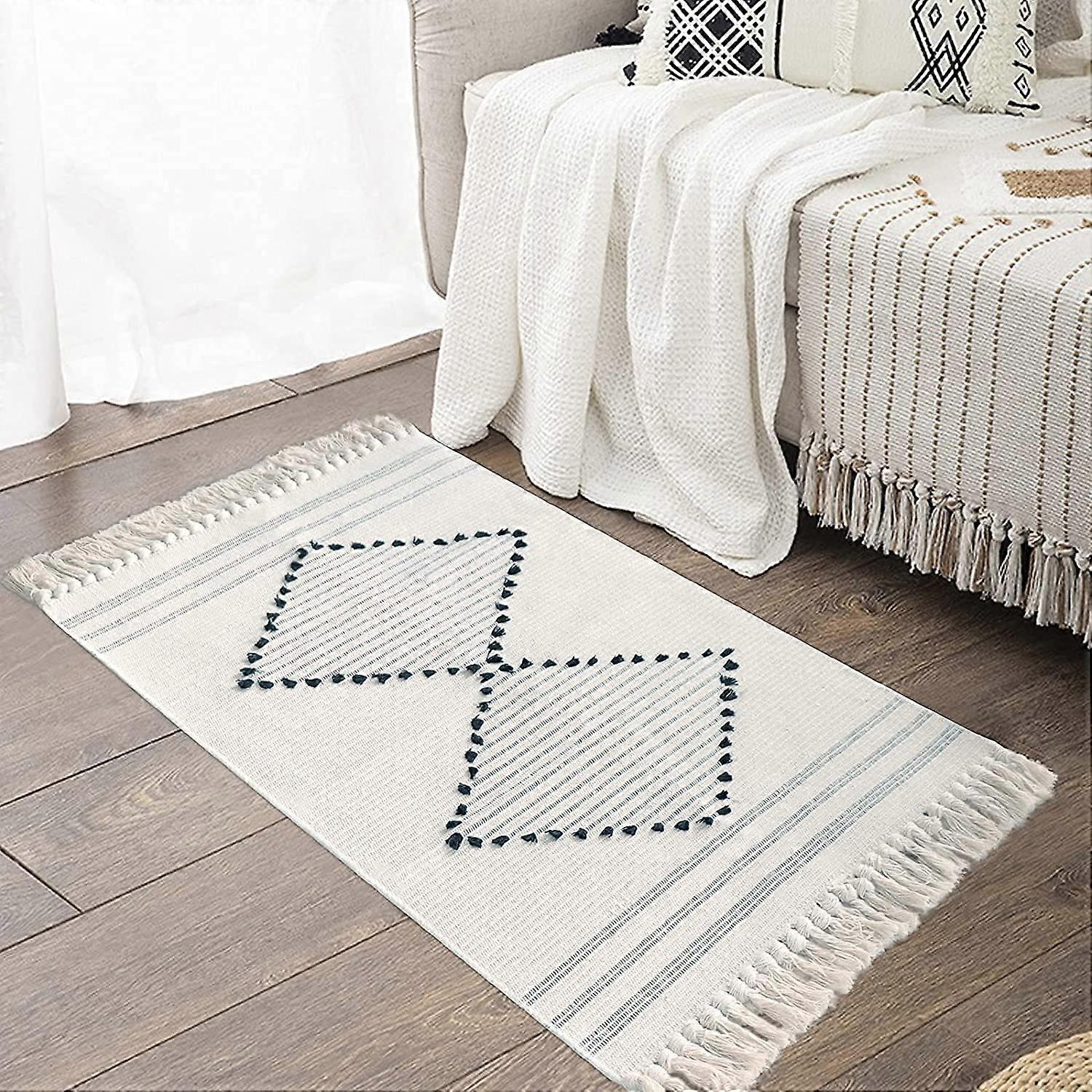 Boho kitchen rug, washable, black, woven pompoms, cotton, padding, rectangular, soft white, 60 x 90 cm