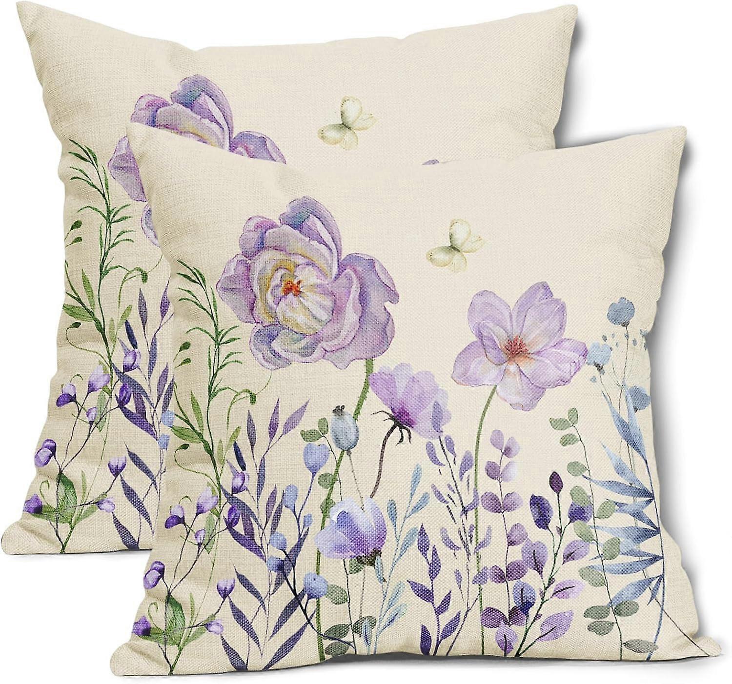 春の花の枕カバー2つのセット20x20インチパープルラベンダーフラワーバタフライコットンリネン装飾スロー枕ケース春屋外クッションカバー