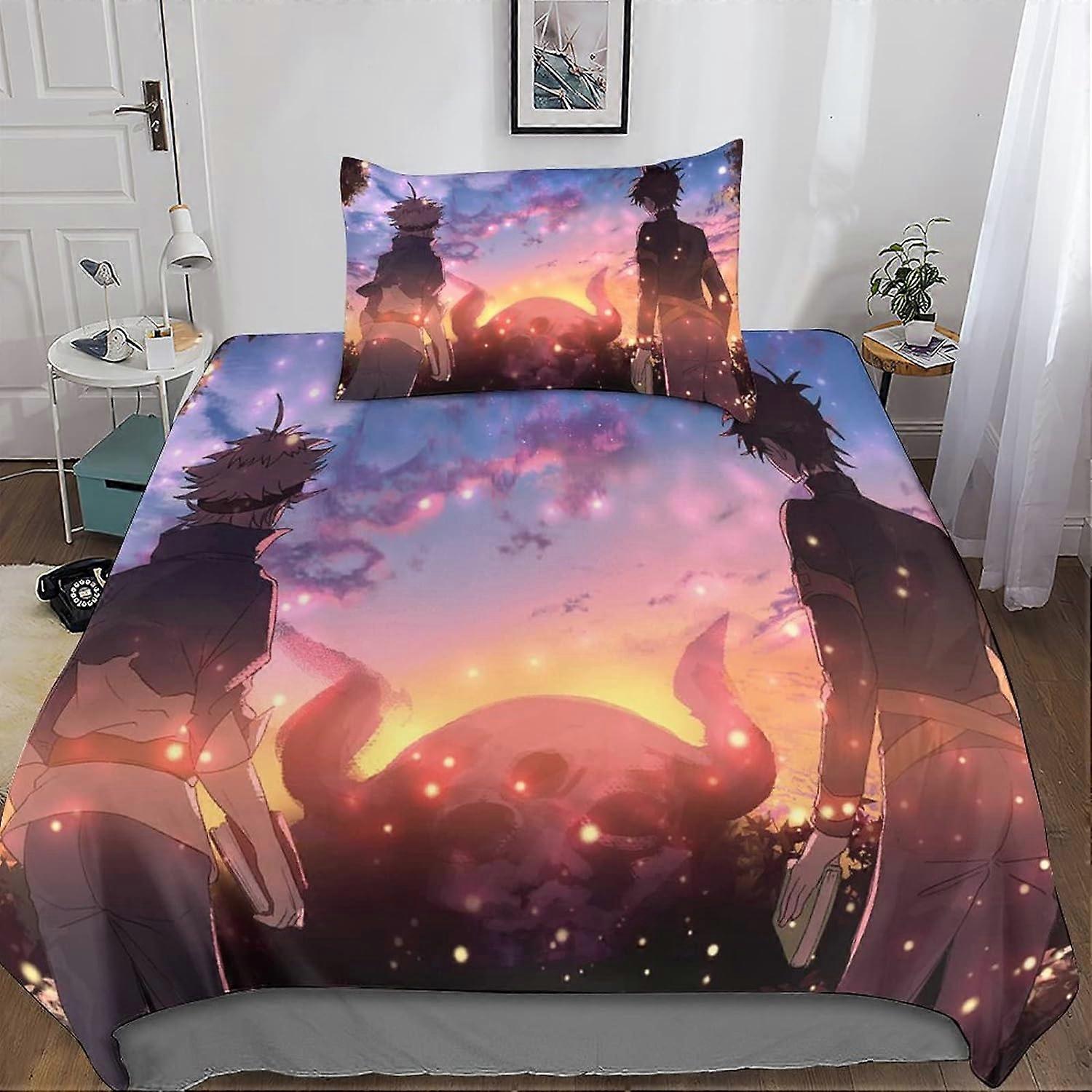 Black Clover Printed Bedding Set, Black Clovers Duvet Cover, Microfiber Bedding Set, Pillowcase with Zipper, Pieces for Adults and E 135*200 CM