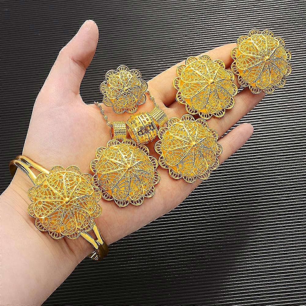 エチオピアの金メッキブライダルジュエリーセットネックレスイヤリングバングルリングギフト女性のためのウェディングジュエリーセット