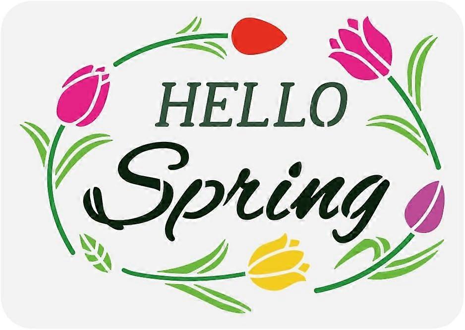 Hello Spring Painting Stencil 8.3x11.7inch Flowers Stencil for Painting Tulips Pattern Reusable Stencil Spring Theme Craft Stencil for Painting on Wal