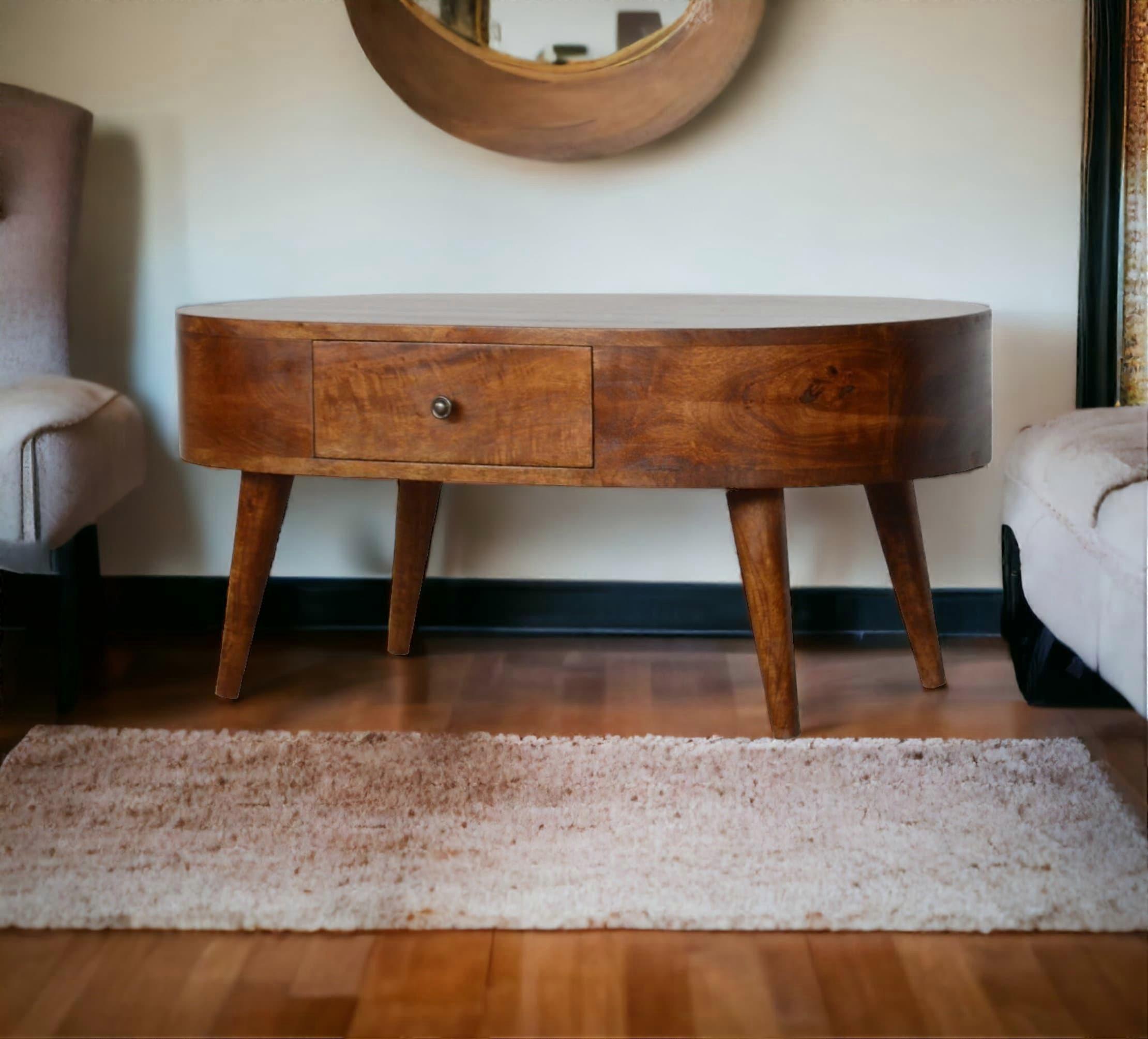 Rounded Coffee Table With 2 Drawers In Dark Finish