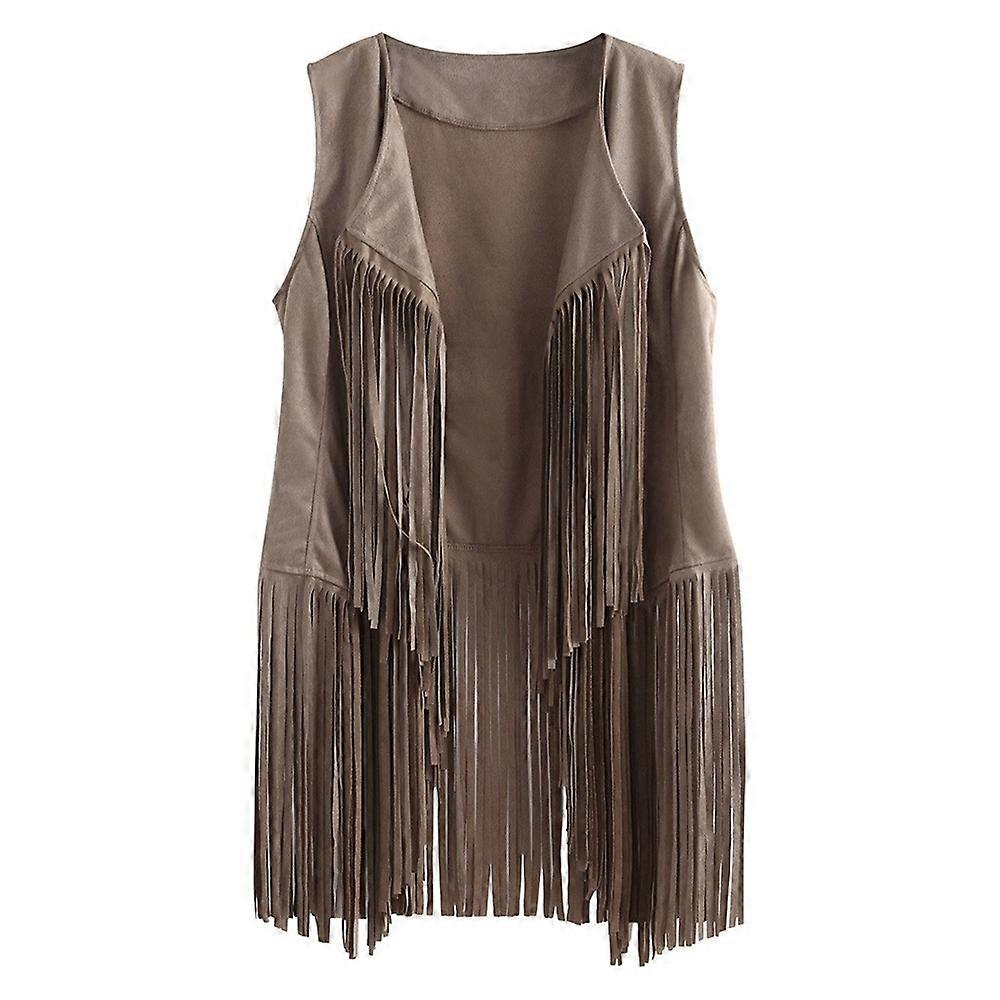 Women's Tassel Sleeveless Vest 70s 1970s Hippie Faux Suede Fringe Jacket Cardigan