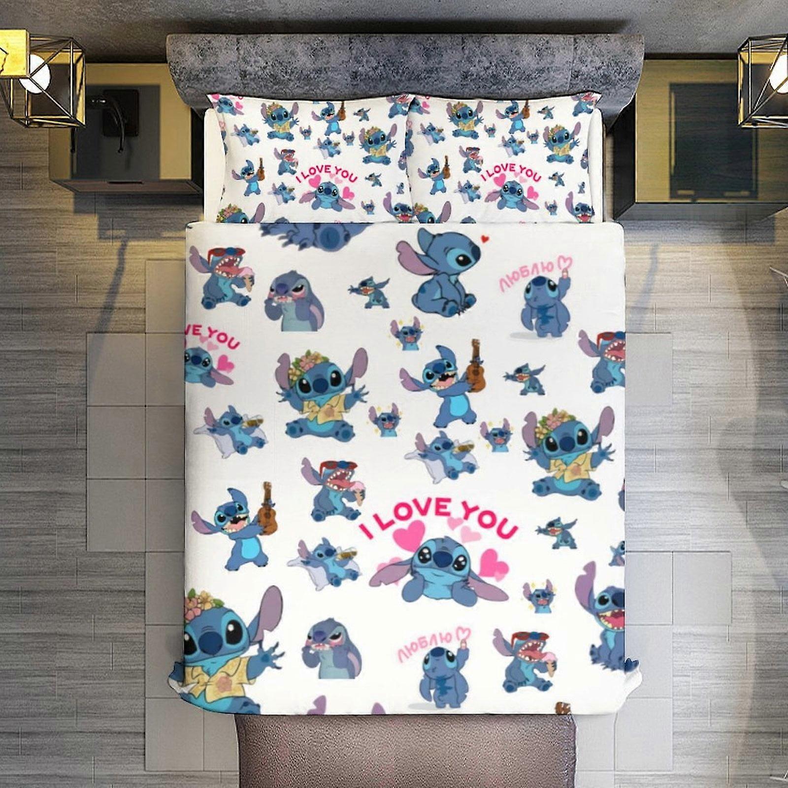 v3414 Lençóis de Cama Stitch I Love You1 Conjunto de Capa de Edredom de 3 Peças Tamanho Completo Super Macio Resistente ao Desbotamento Microfibra 1 Capa com Zíper e 2 Travesseiros