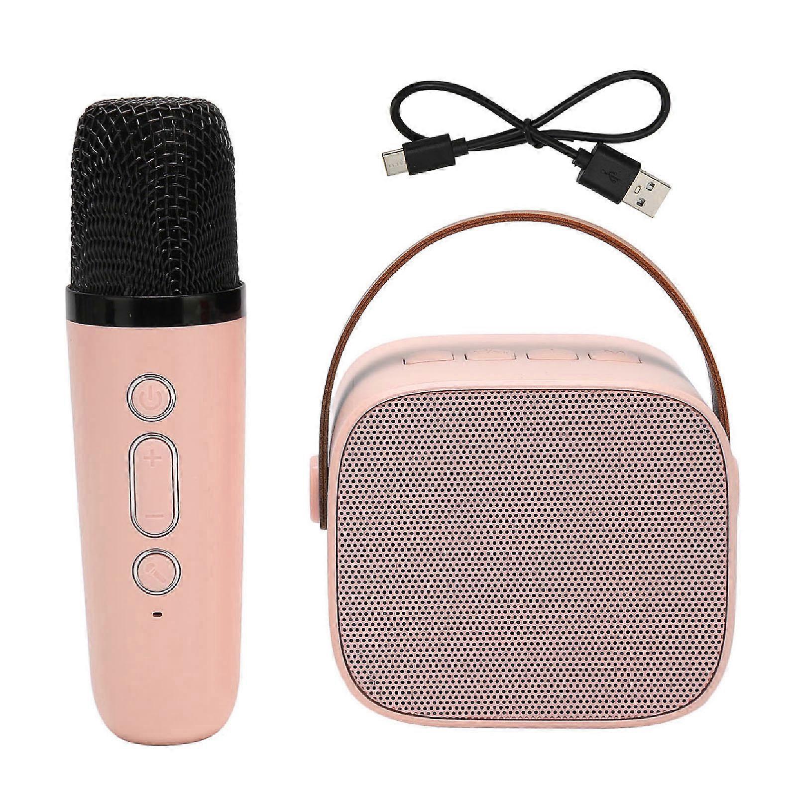 Mini Karaoke Machine Set Support Bluetooth AUX USB Memory Card Portable Bluetooth Speaker with Wireless Microphone Pink