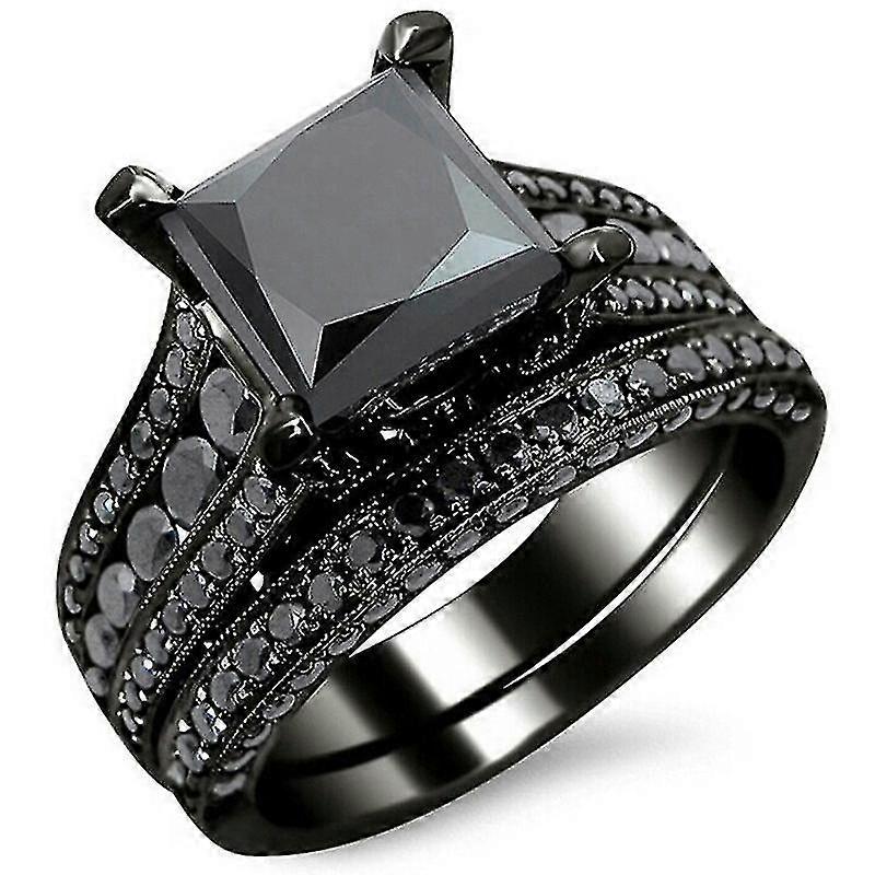 Black Gold Plated Set Ring With Square Black Zircons - Gun Black Set With Square Black Zircon Set Ring