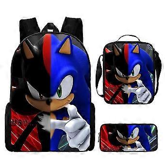 KINZON Sonic Sonic Student Mochila de três peças Anime Cartoon Mochila Bolsa de ombro Lápis Caso