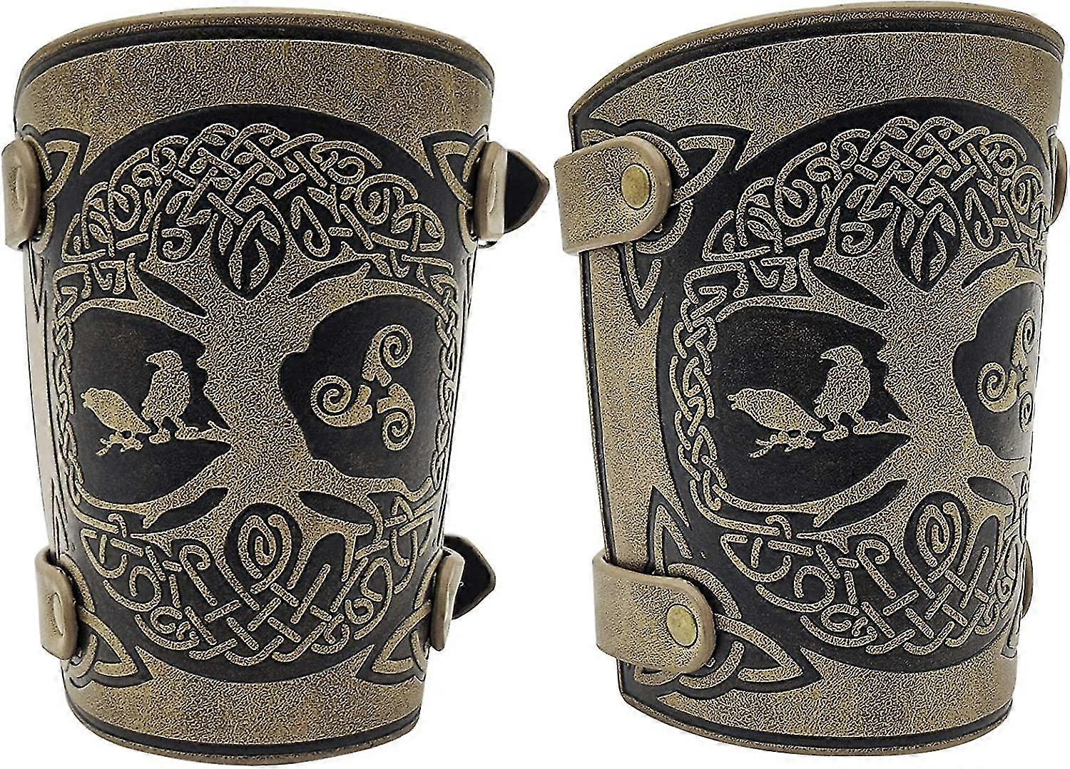 Viking Yggdrasil World Tree Embossed Pu Leather Bracers Medieval Buckle Arm Guards For Larp Halloween