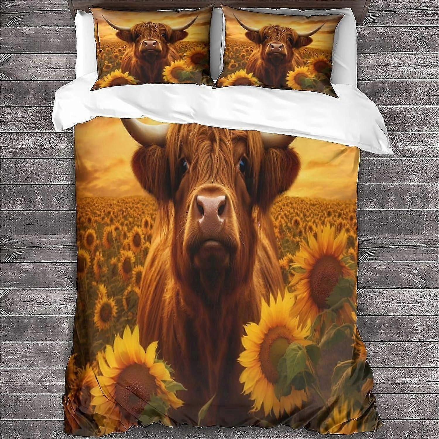 J3959 Lençóis Highland Cow Duvet Cover Conjunto de Cama, 3D 3BS Capa de Edredom com Fronhas, Capa de Colcha de Microfibra Macia com Fecho de Zíper 3 Peças