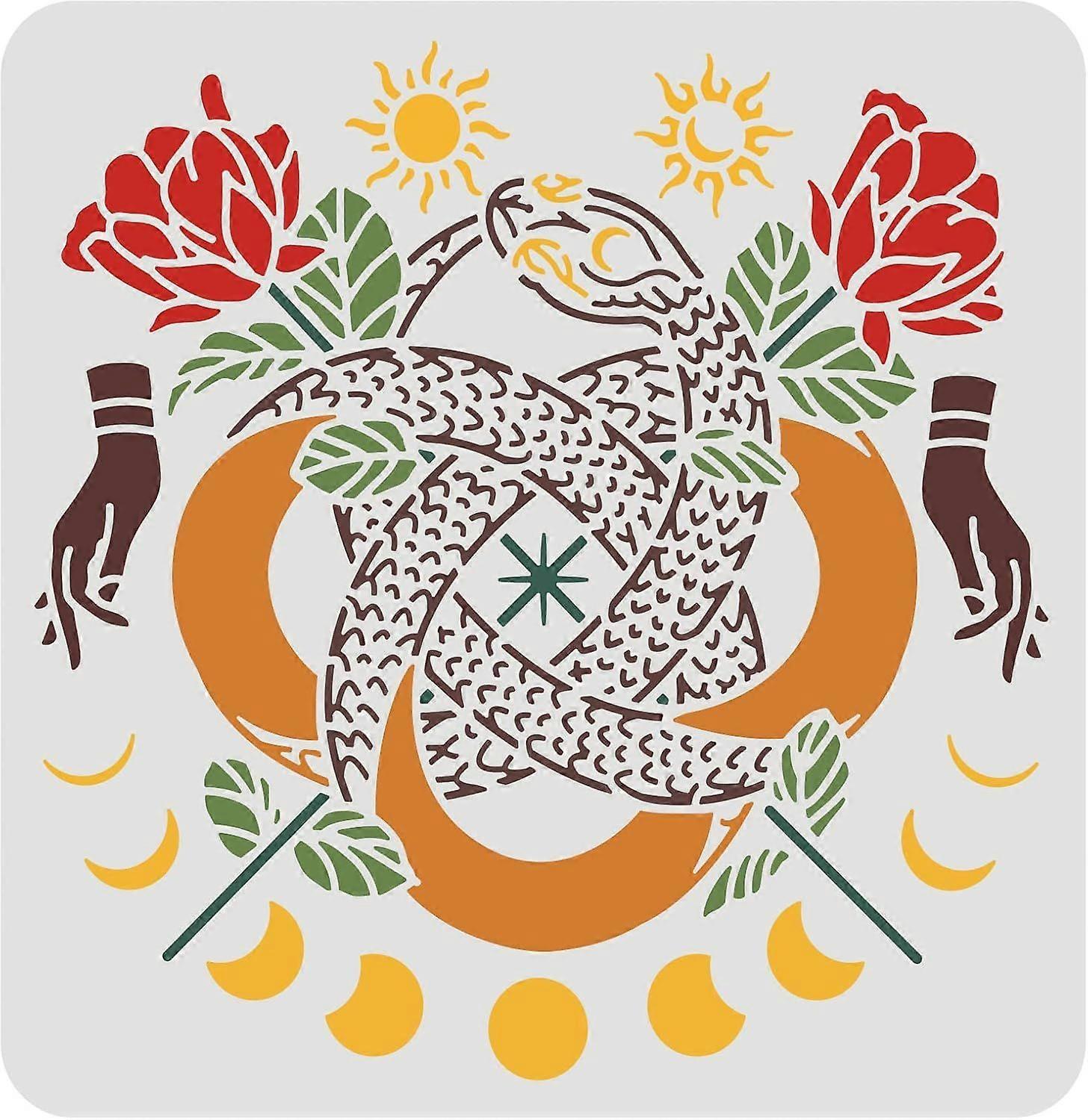 Snake Painting Stencils 11.8x11.8 inch Moon Phase Stencil Plastic Snake Flower Hand Sun Pattern Stencils Reusable Sun Moon Stencils DIY Stencil for Co