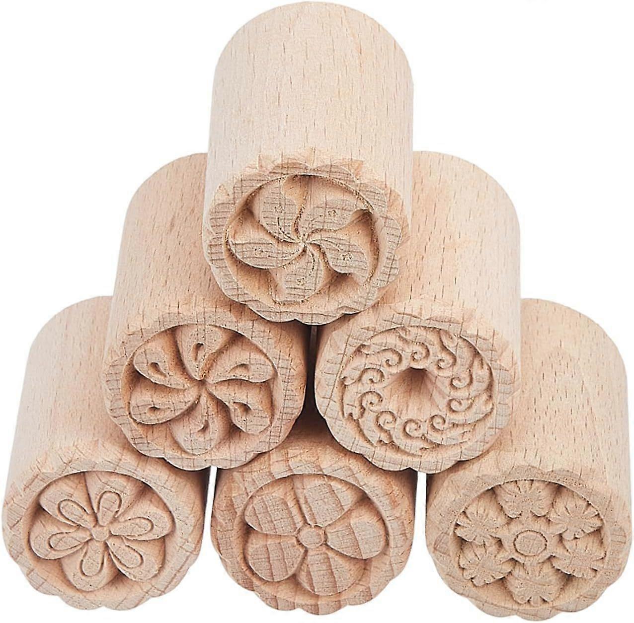 6pcs Floral Wooden Pottery Clay Stamp Set Column Wooden Stamps for Clay Hand Carved Stamps DIY Pottery Printing Blocks with Mixed Patterns
