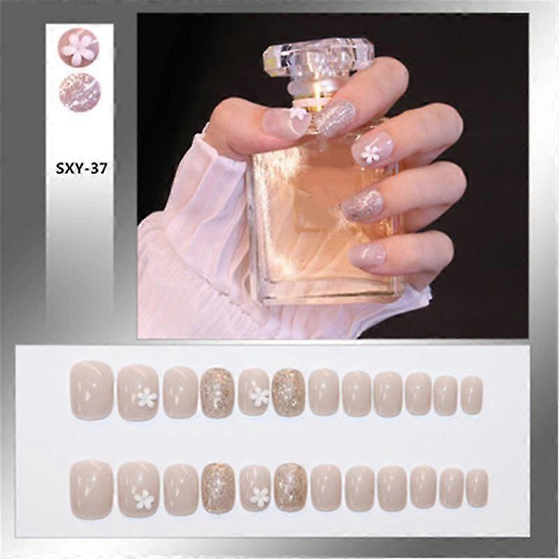 24 Pcs Adhesive Round/flat/pointed Tip Manicure Patch With Decor False Nails  SXY-37