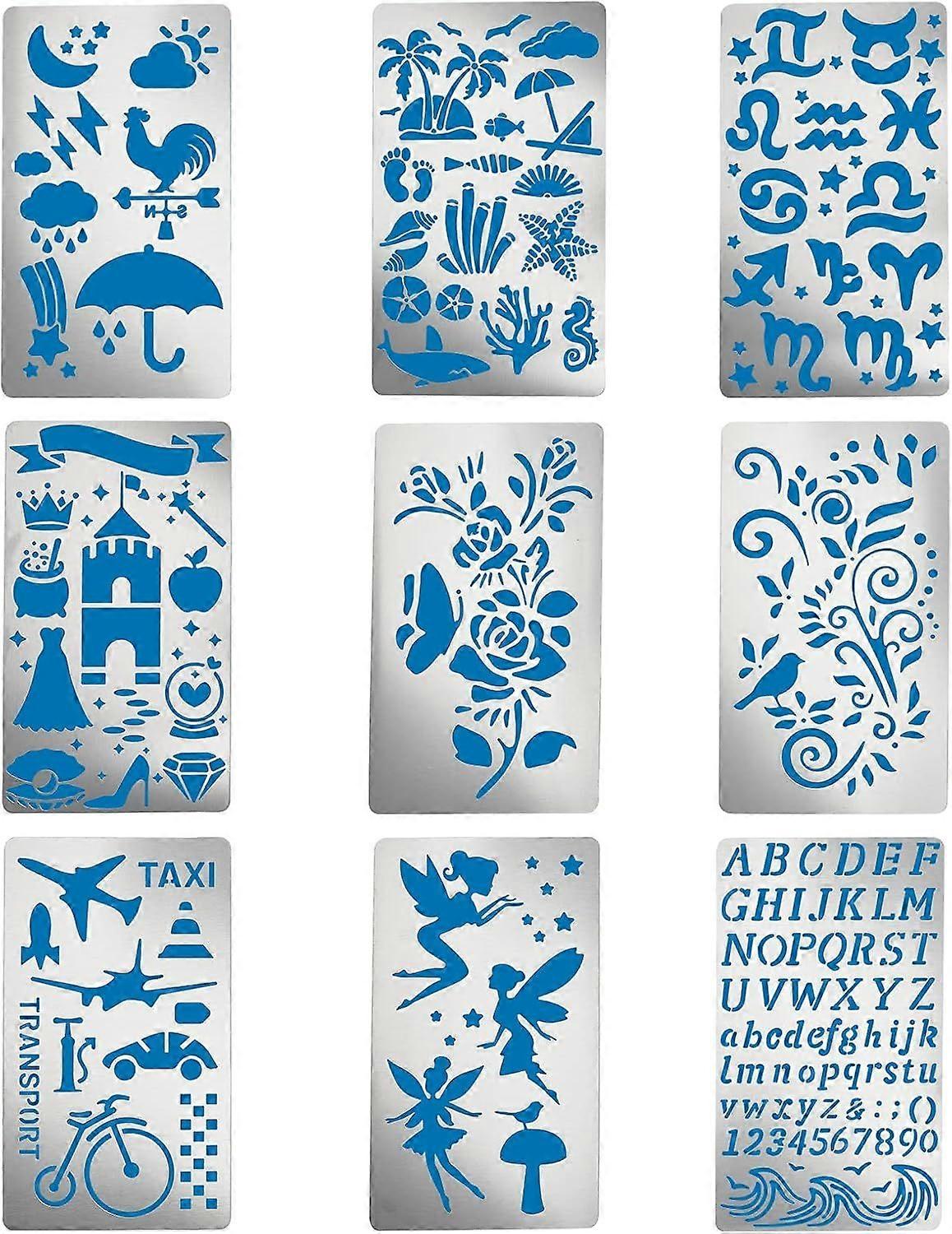 9PCS 4x7 Inch Mixed Patterns Metal Stencils Flower Fairy Stencil Template for Wood Carving Drawings and Woodburning Engraving and Scrapbooking Project