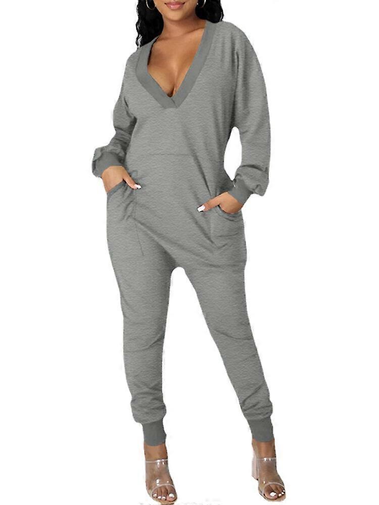 Women V-neck Long Sleeve Daily Solid Color Harem Jumpsuit With Pocket
