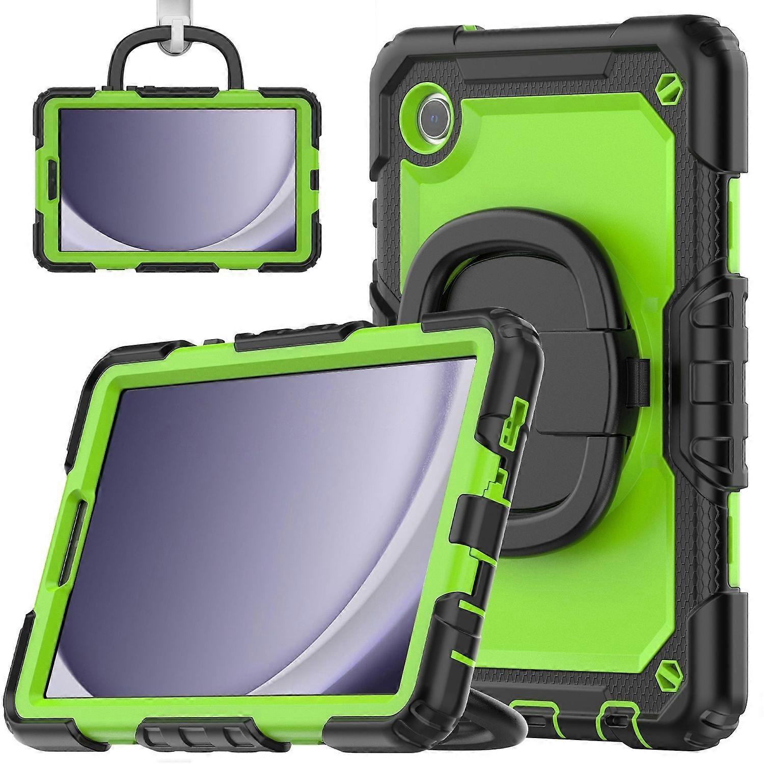 For Samsung Galaxy Tab A9 foldable outdoor hybrid 360 degree case with shoulder strap green / black