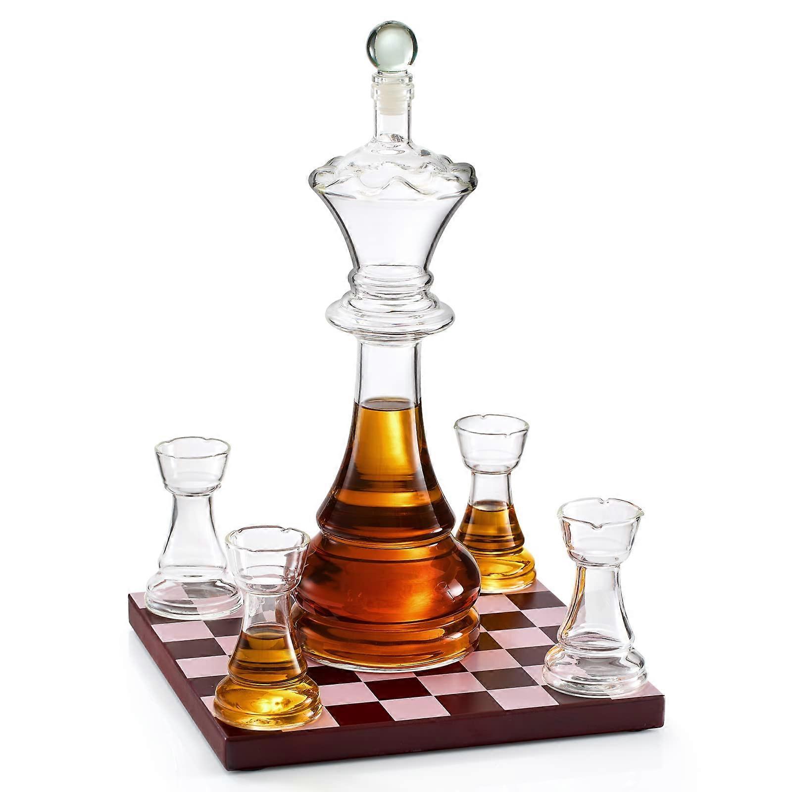 Chess Decanter Set - 750ml 12" H with 4 Rook Shot Glasses - Gift for Chess and Whiskey Lovers