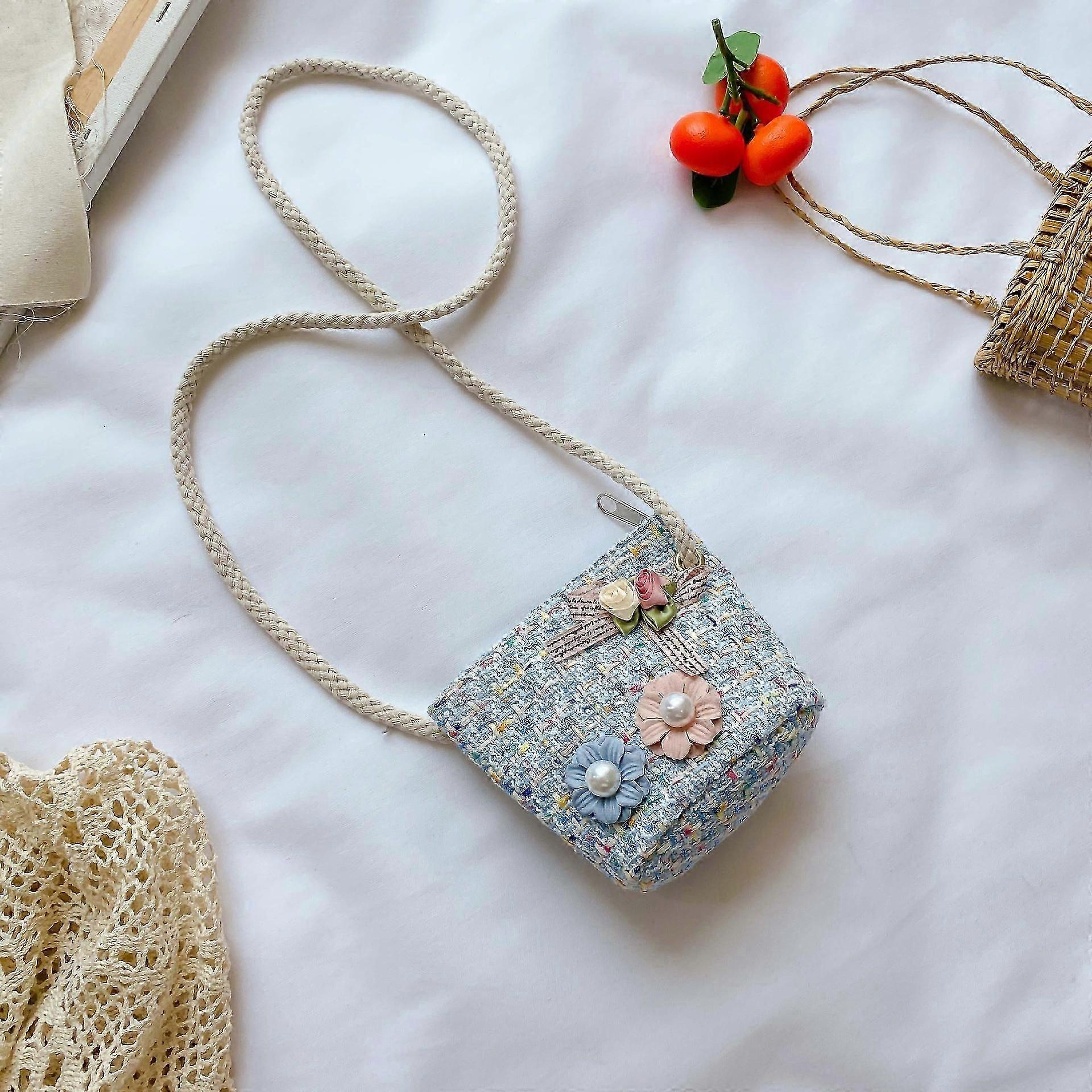 Gewebte Umhängetasche für Kinder, Geldbörse, süße Form 12 * 17 cm (blau + Perlblume)