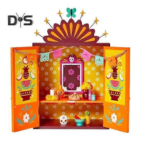 Mini Wooden Altar Day of The Dead Altar Box with Memory Picture Frame Mexican Pattern Mini Altar for Home Tabletop Decoration