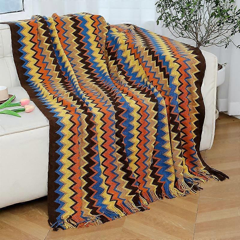 Bohemian Knitted Throw Blanket with Tassels - 100% Polyester Decorative Striped Fringe Throw for Couch, Chair, Boho Chic Home Decor Sofa Blanket