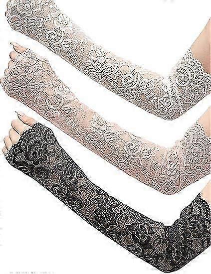 3ペアの女性レースアームスリーブロングレースグローブフィンガーレスアームカバーウォーマーブラックホワイトピンク