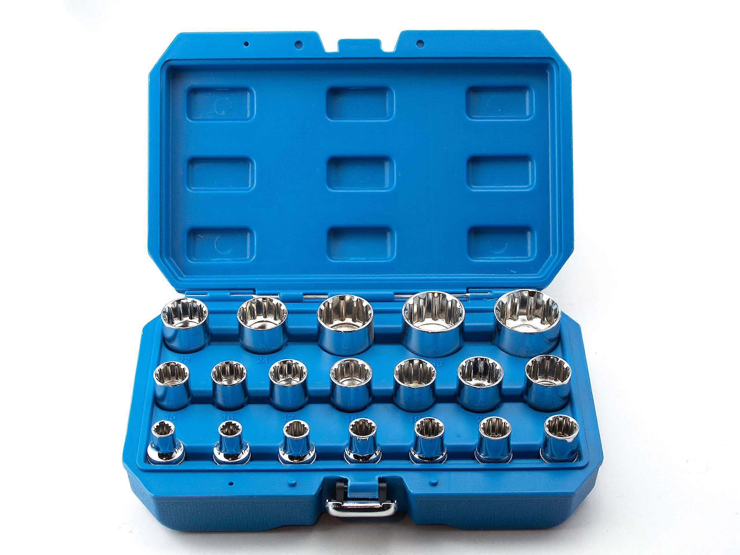 19 Pc 1/2 Inch Drive Universal Spline Socket Set Metric Sizes Chrome Vanadium Steel Tool Kit