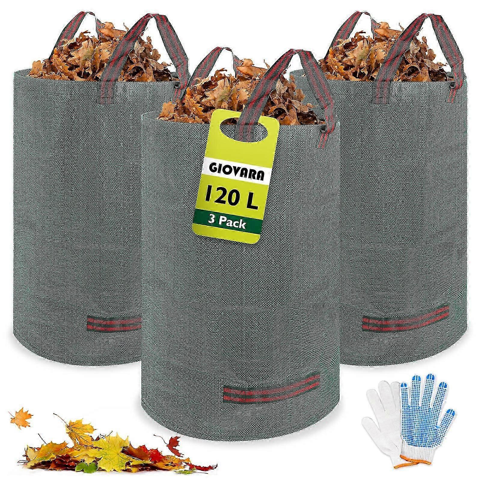 3 x 120L Garden Waste Bags,Waterproof Heavy Duty Large Refuse Sacks with Handles,Foldable and Reusable (3)