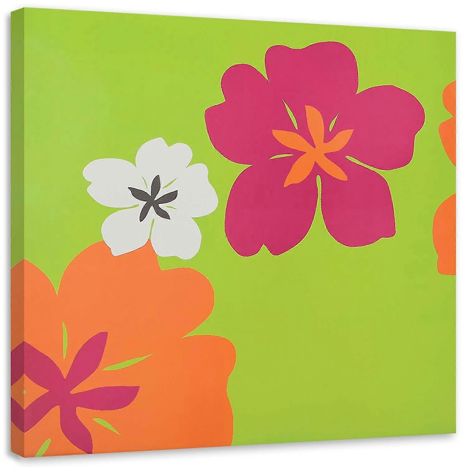 Impression sur toile, Quelques fleurs colorées sur fond vert - 30x30