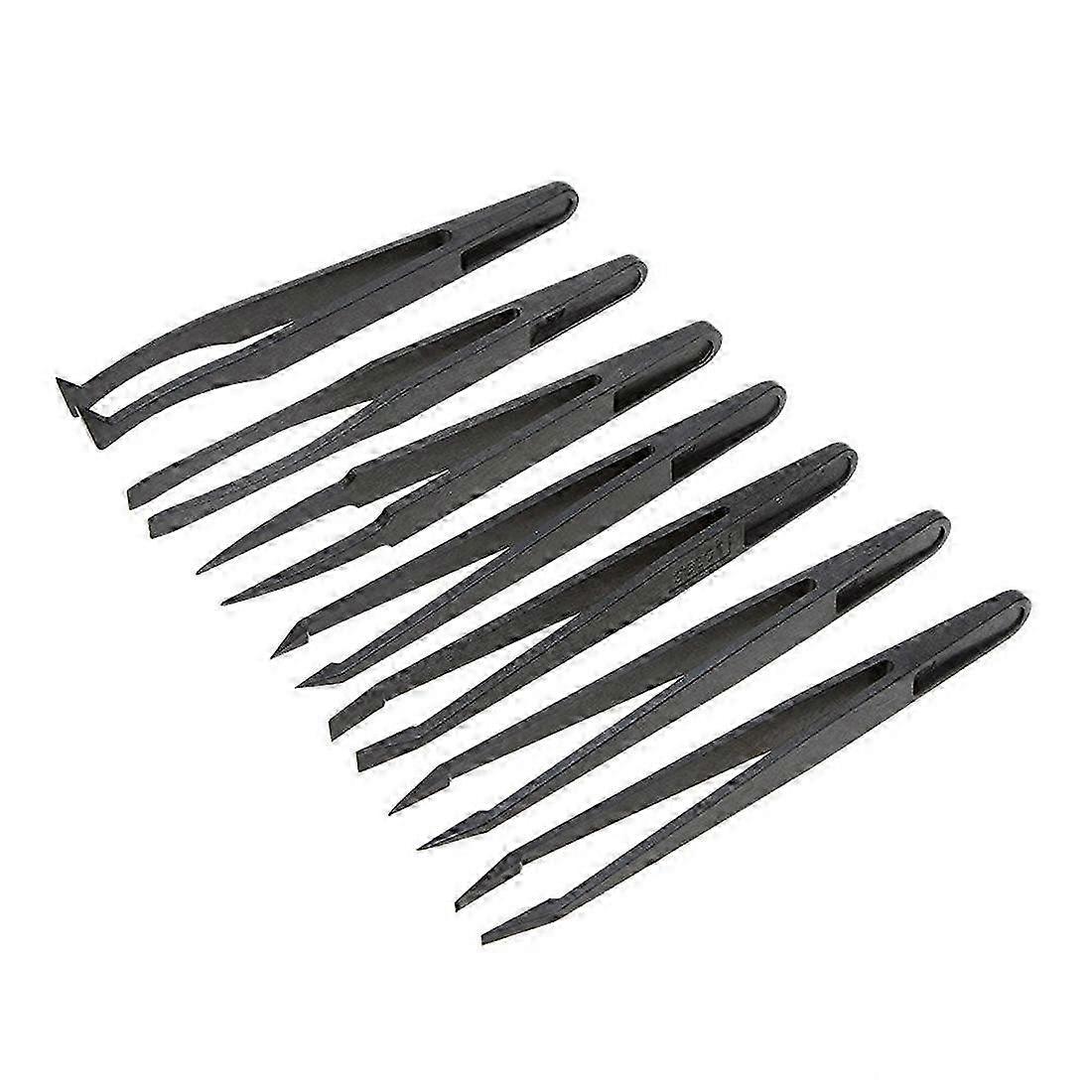 Antistatic Plastic Tweezers Set 7Pcs with Flat Bottom & Precision Tips for Electronics Handling (Black)