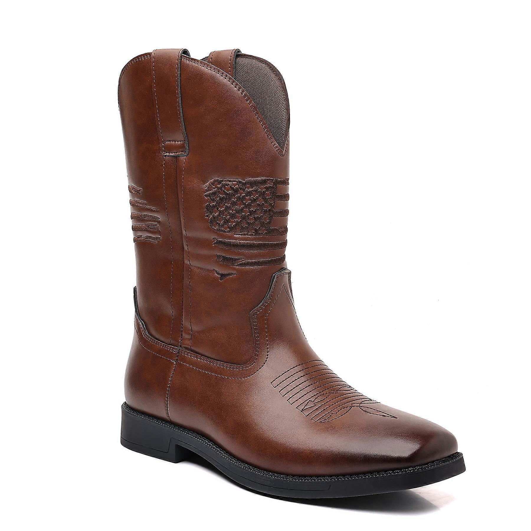 Cowboy Boots For Men Embroidered Western Boot Retro Wide Calf Square Toe Work Boots Non-Slip Pull On Mid-Calf Booties Men's Fall Chunky Heel Boots