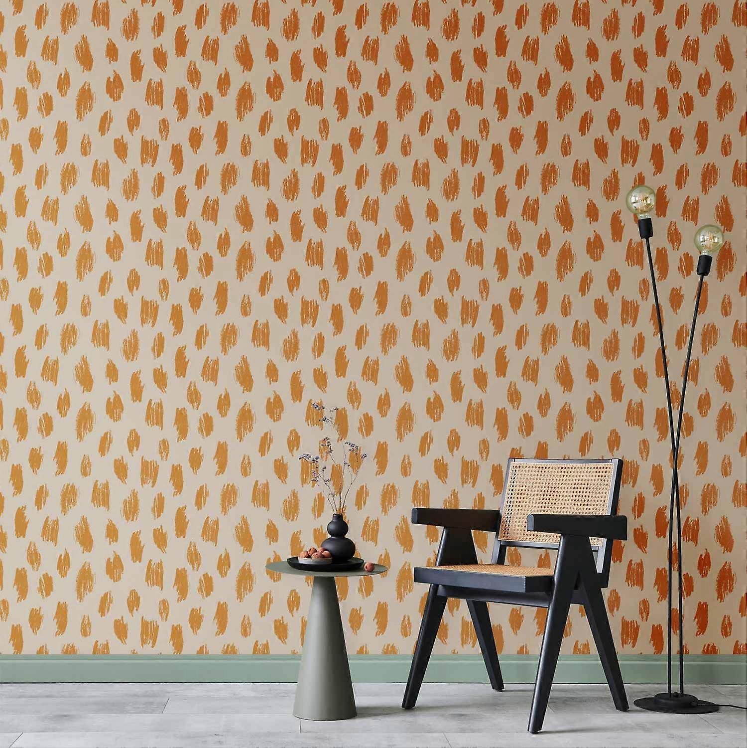 Wallpaper - Drawn pattern in dots and spots - in orange tones and ecru