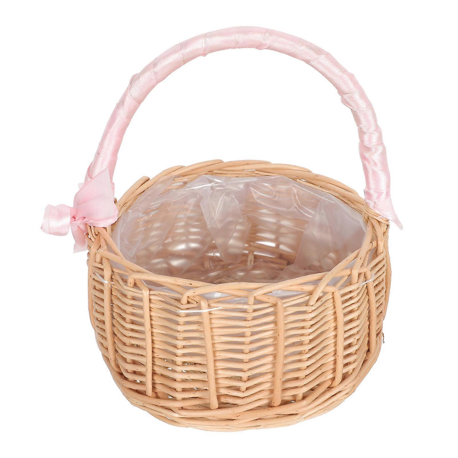 Handmade Woven Rattan Flower Storage Basket with Handle – Natural Decorative Gift Container for Wedding Party Banquet – Elegant Small Pink Basket for