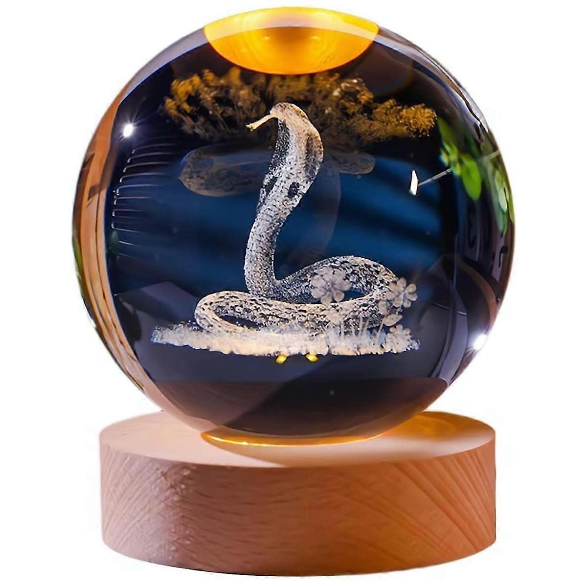 3D Snake Figurine Crystal Ball with Wooden Lighting Base Crystal Ball Night Light for Home Bedroom