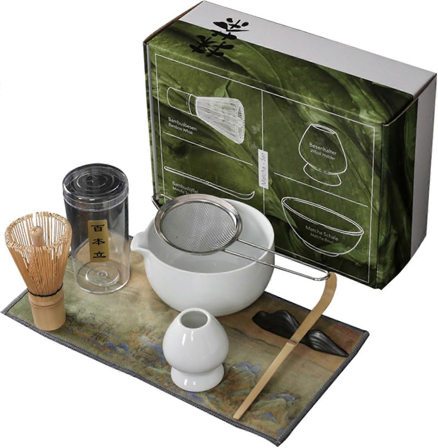 7 pcs/set set set matcha, l’ensemble de fouet matcha comprend un bol assorti, un porte-fouet en bambou, une cuillère à matcha, un porte-cuillère et un torchon, un service à thé japonais blanc V