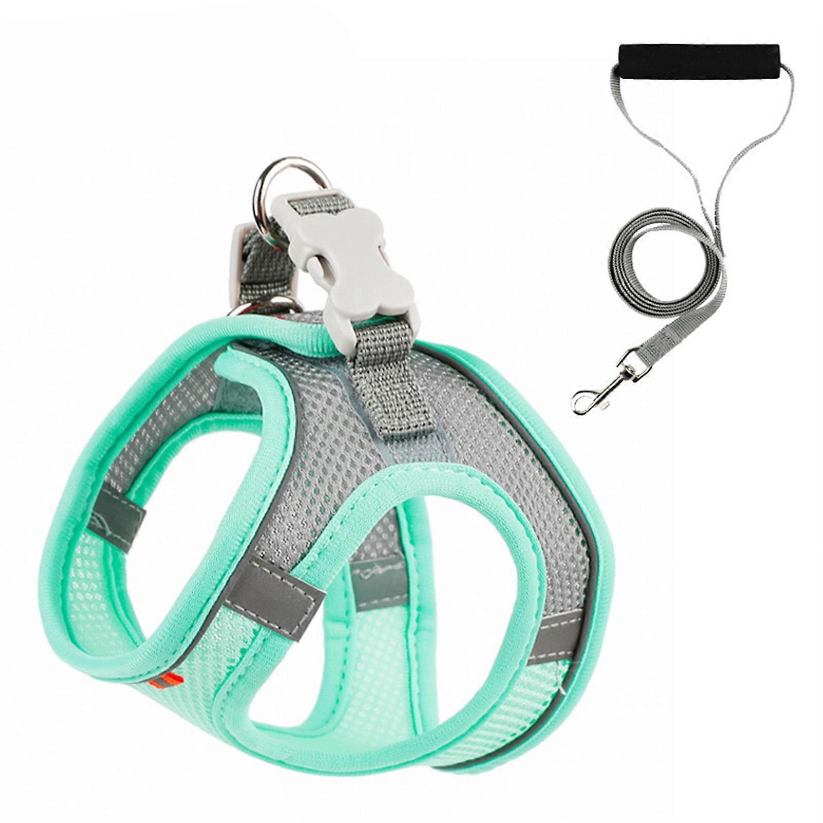 Pet Harness Leash Reflective Strip Hook and Loop Soft Fabric Pet Harness with Leash for Cat Dog Mint Green S