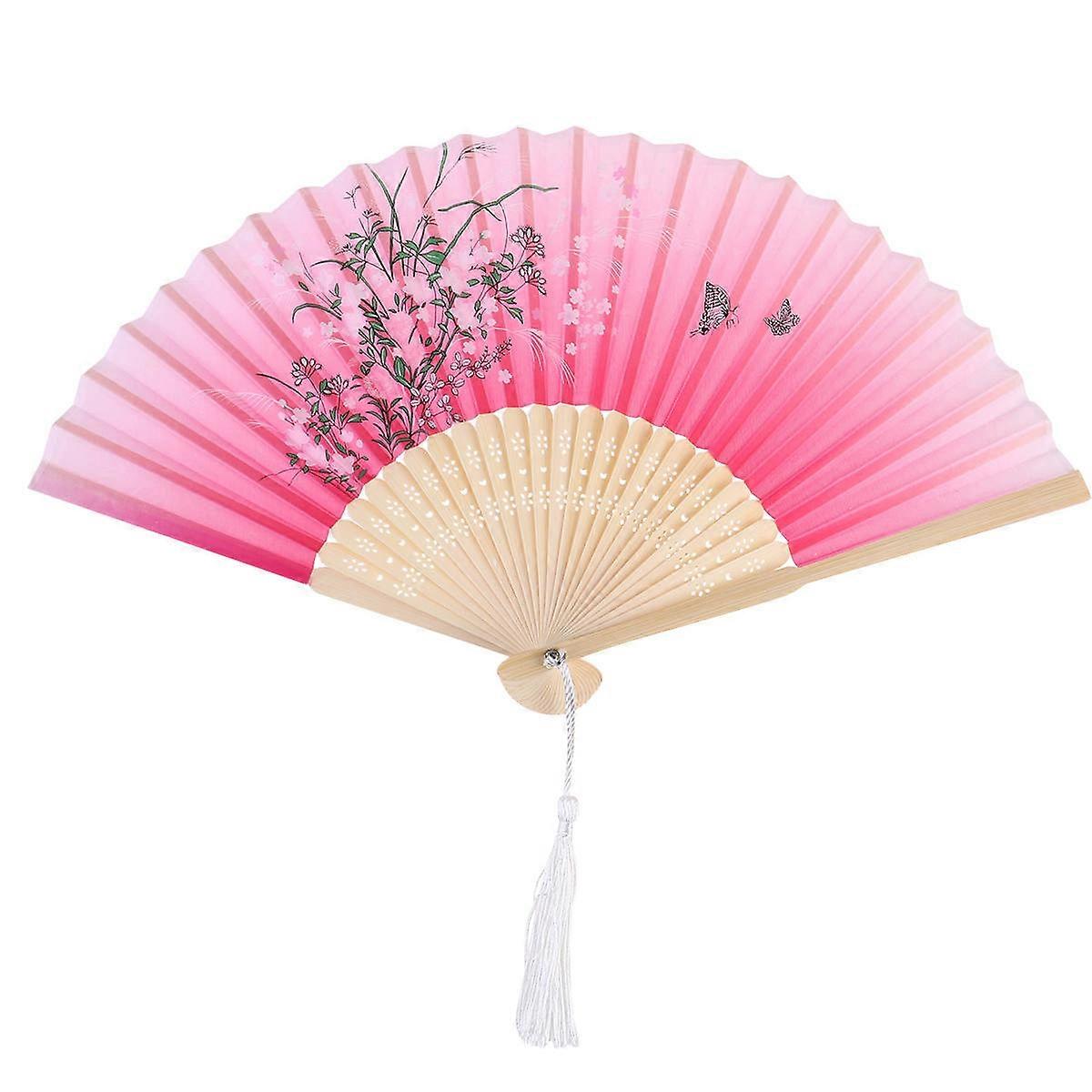 Japanese Style Handheld Folding Fan, Vintage Craft Design with Rosy Background, Flower Grass Pattern for Dance, Party, Wedding & Home Decor, Perfect