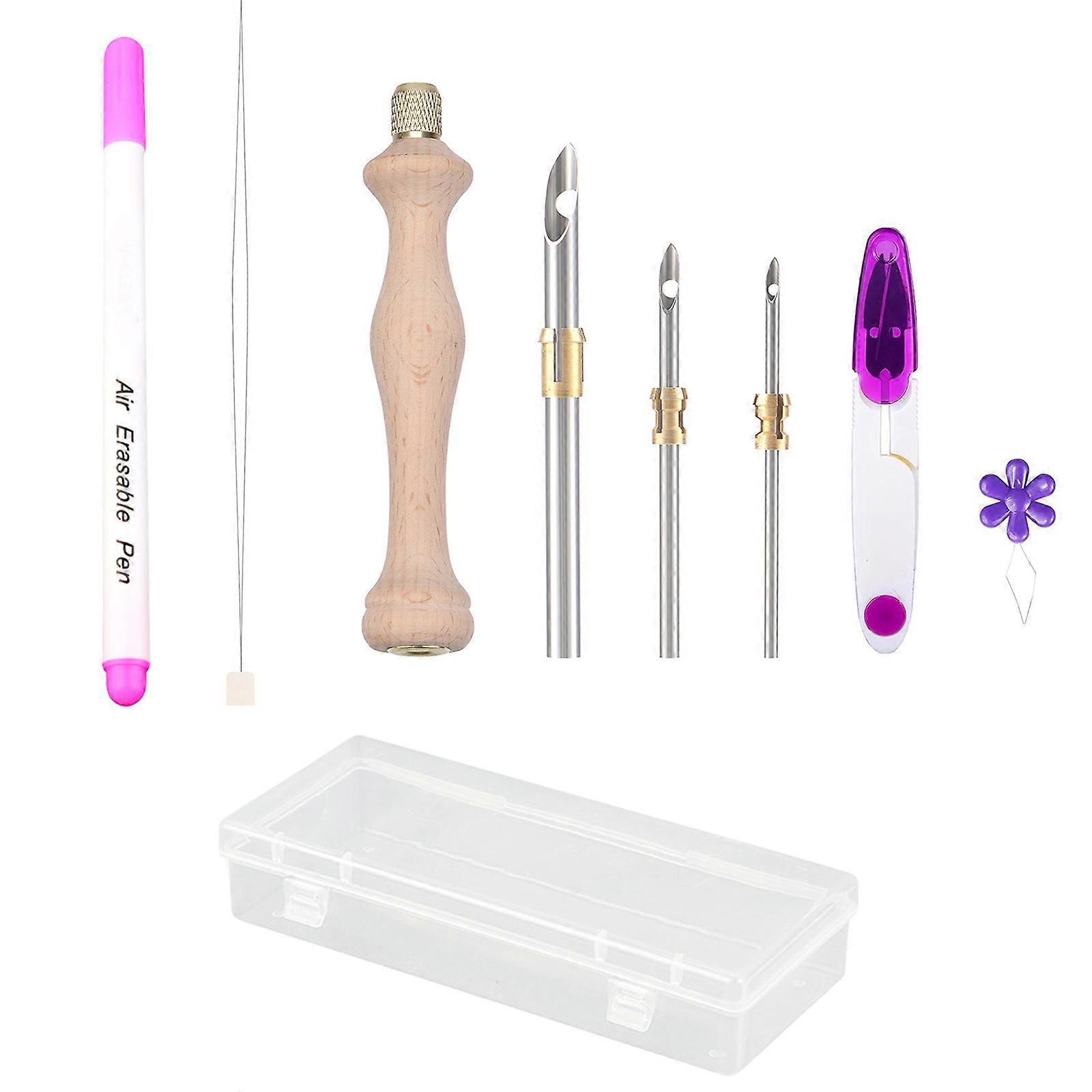 Punching Needle Set with Wood Handle Scissors Big Eye Beading Needle Threader Scissors for Jewelry Making Needlework B