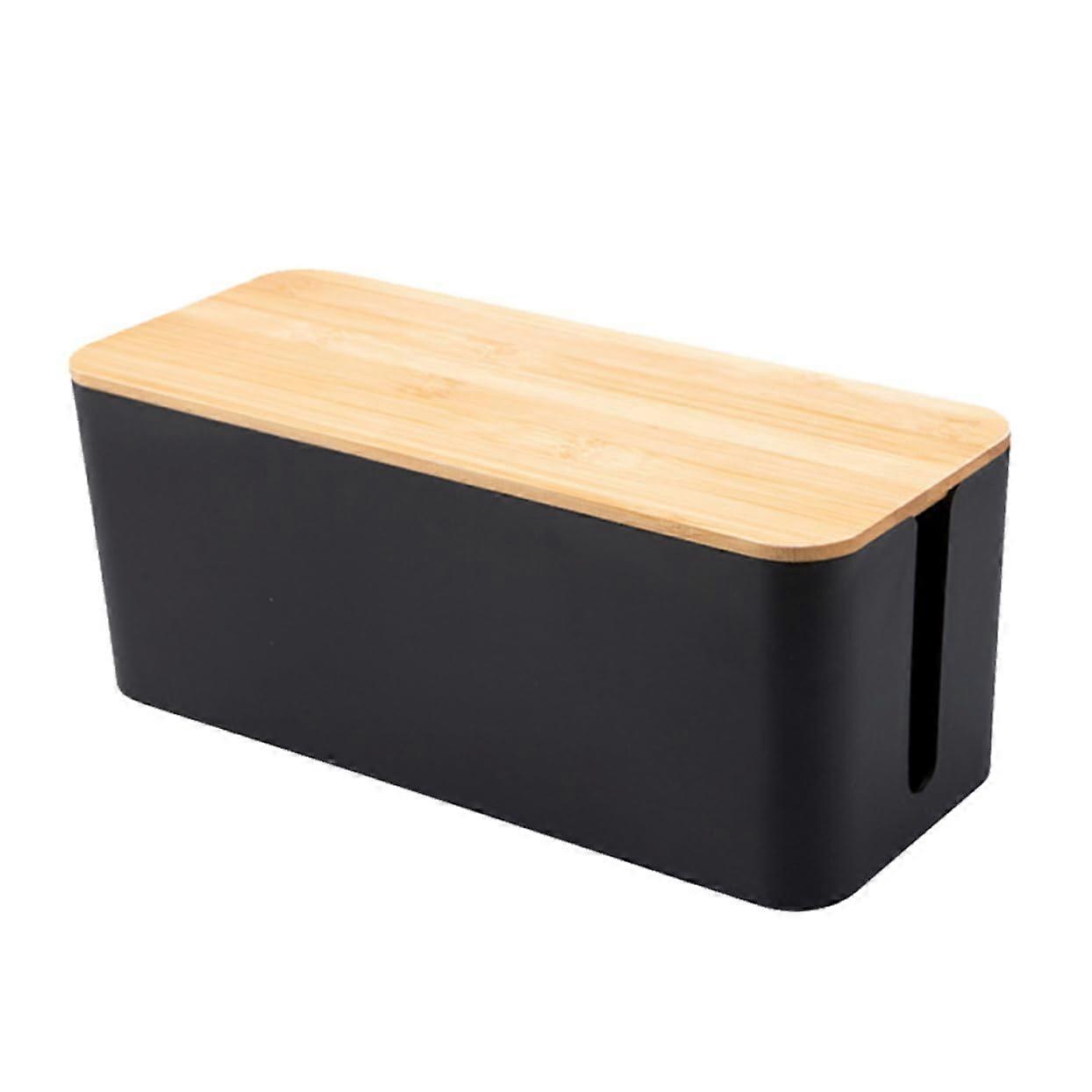 Cable management box wood grain round storage for desk office for adapters chargers for devices