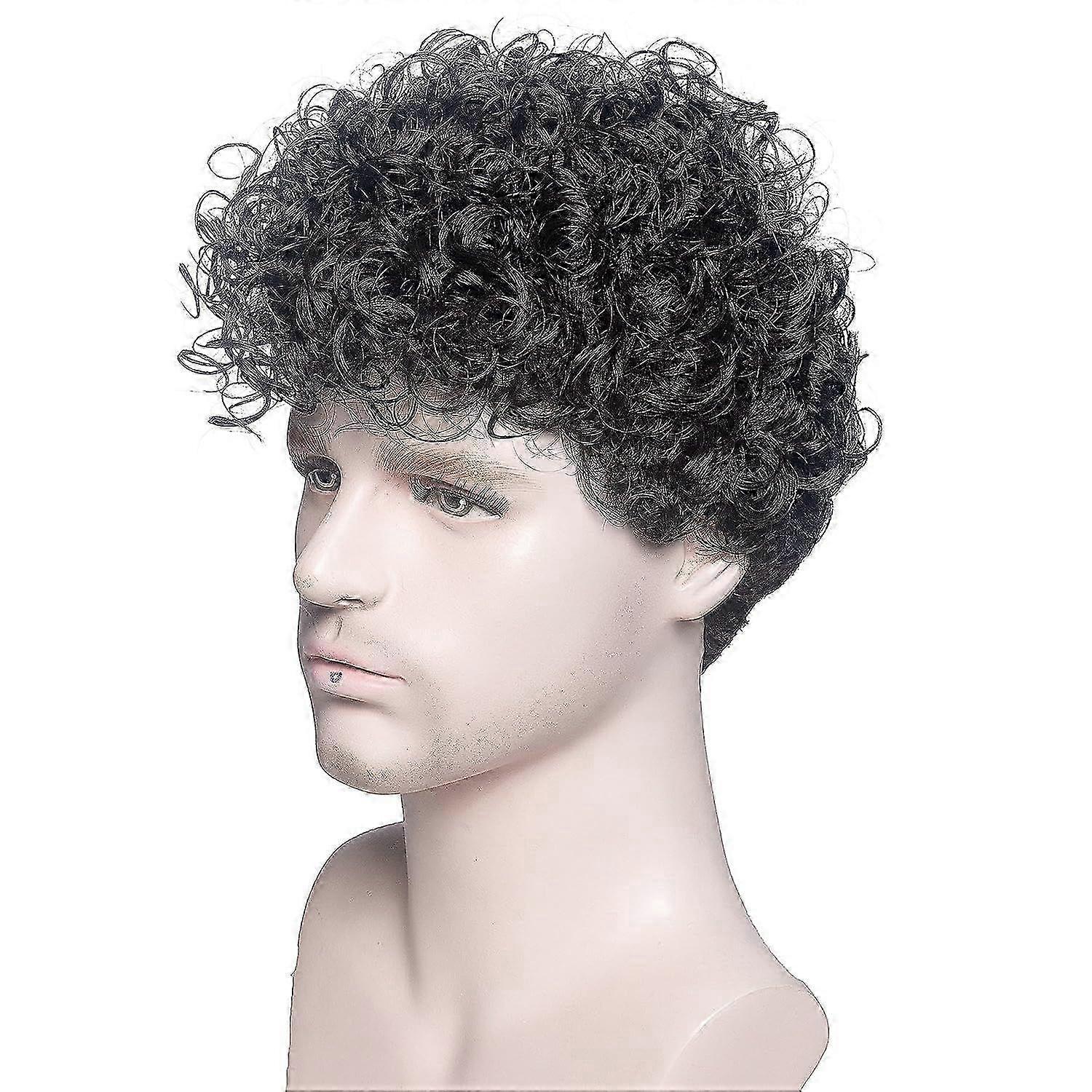 Men's wig natural black short wavy curly wigs with bangs