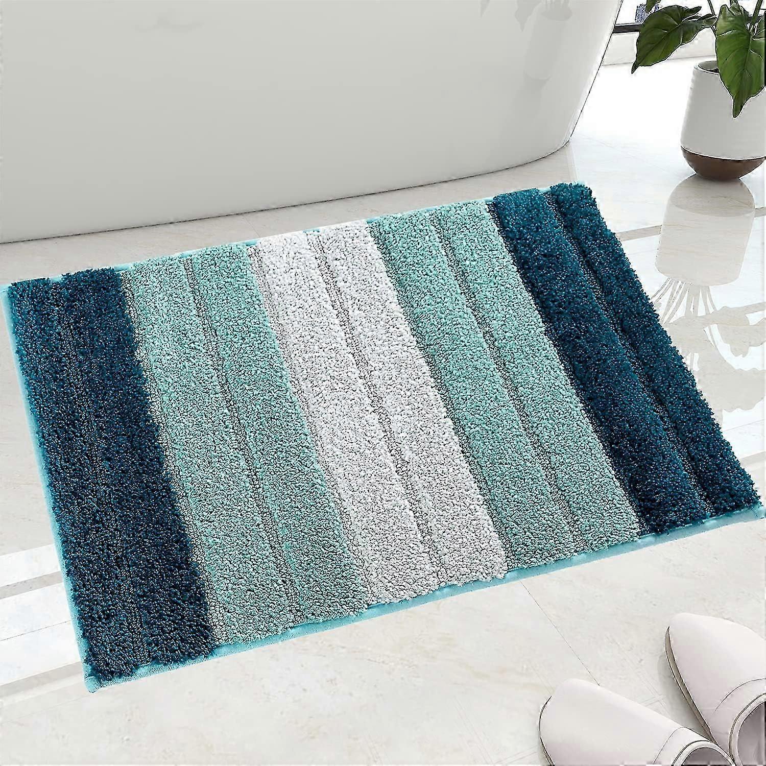 Fluffy Stripe Gradient Bathroom Rugs, Non Slip Extra Soft Mat, Machine Washable (Navy and Blue)