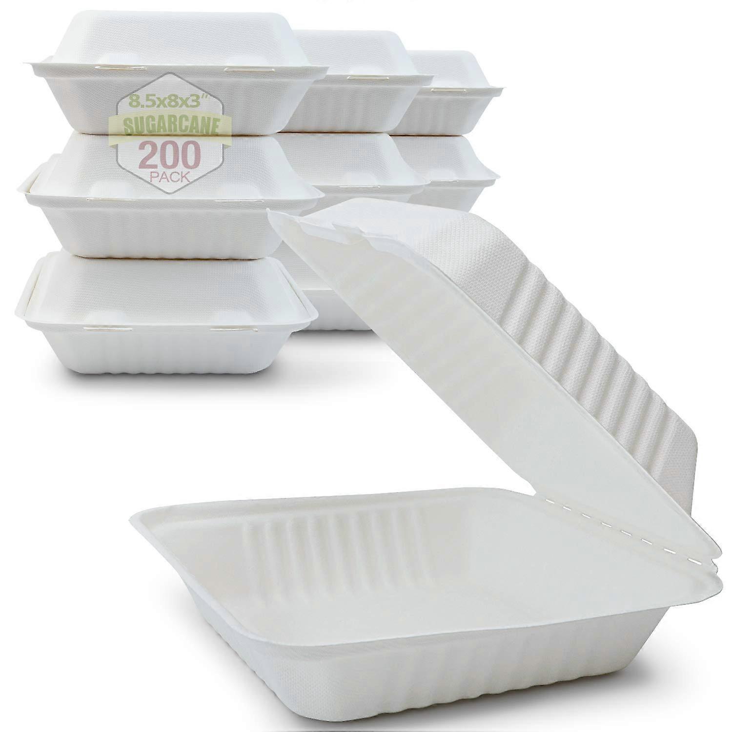 Compostable Clamshell 8Inch, 200Count, 1Compartment, Bagasse Fiber TakeOut Hinged Lid MicrowaveSafe Gluten