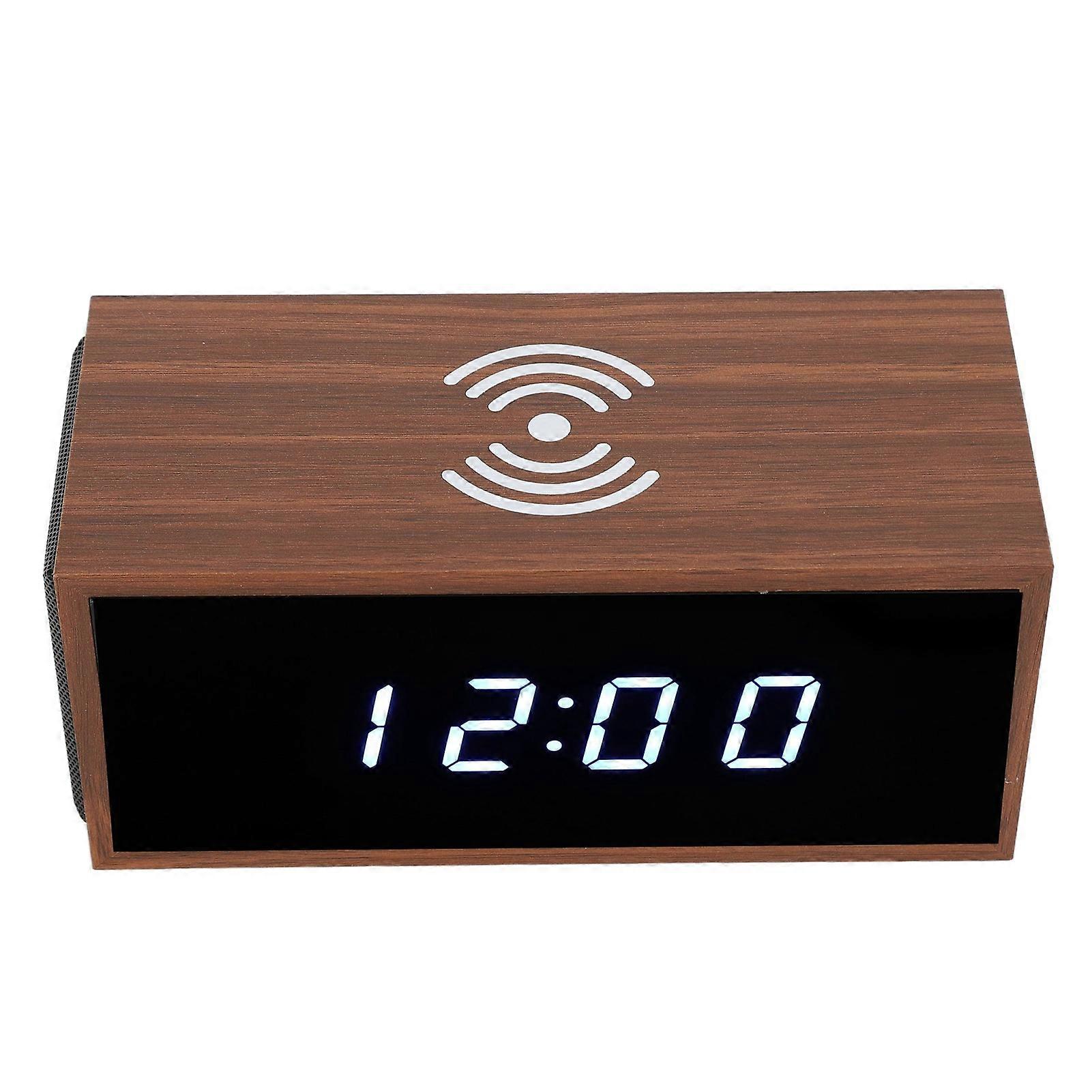 Digital Alarm Clock Brown MDF PVC LED Wireless Charger BT Speaker