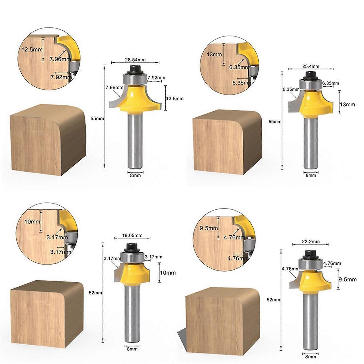 4Pcs 8mm Shank Roundover Router Bit Set-Woodworking Milling Cutter