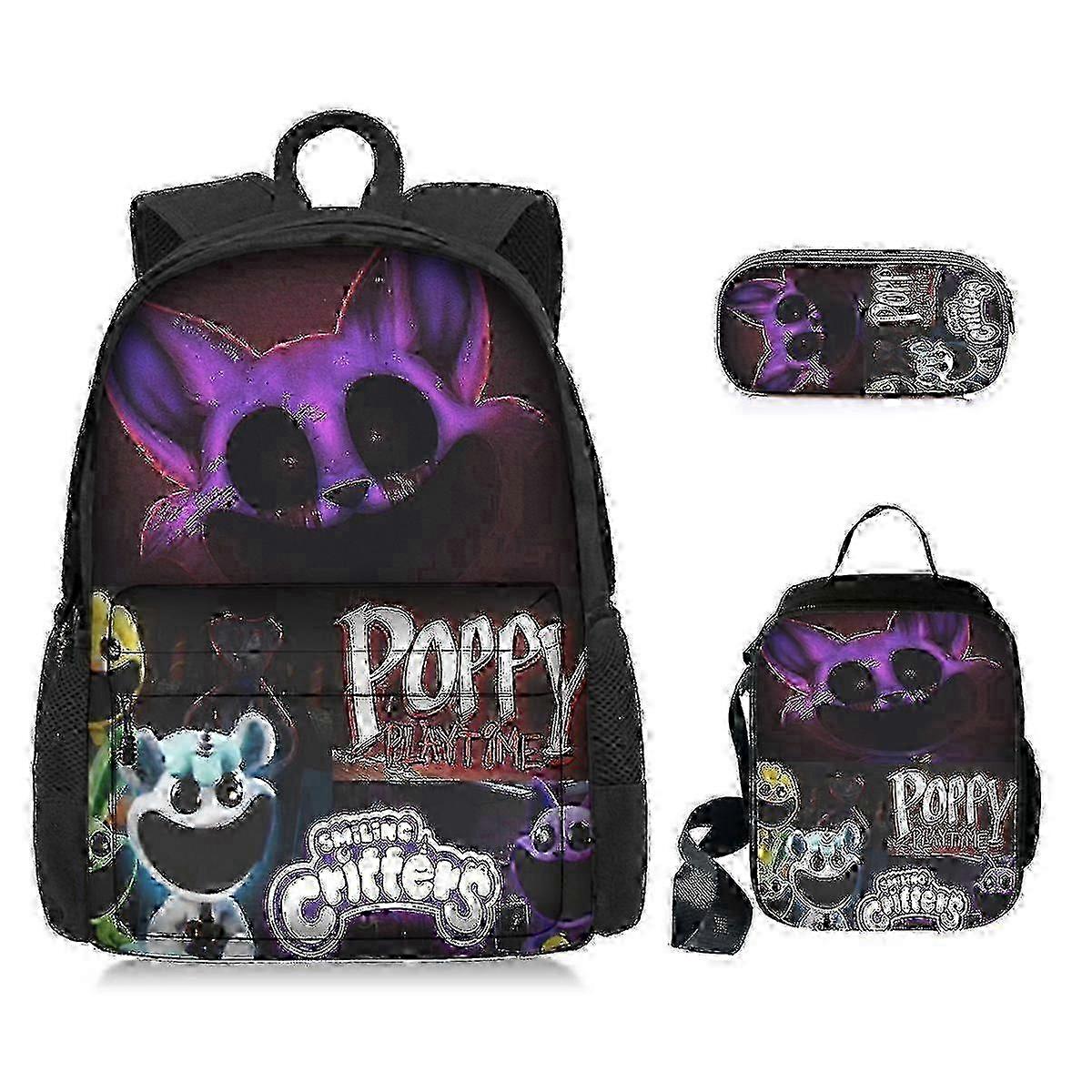 Poppy Playtime hapter 3 Smiling Critters Student Backpack Ensemble de trois sacs à dos (sac à dos + sac à lunch + trousse à crayons) -WH