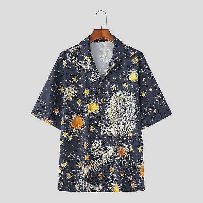 INCERUN Oversized Men Casual Lapel Neck Short Sleeve Printing Buttons Shirts