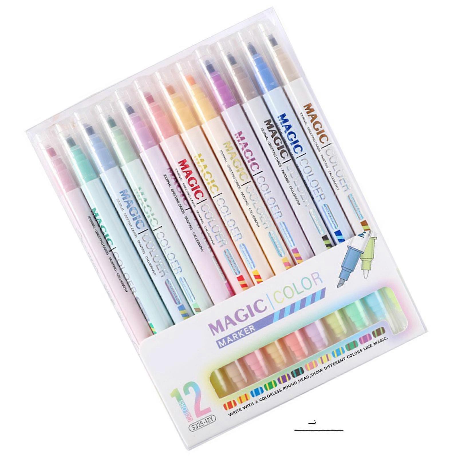 12Pcs Double Tip Highlighter Pen Fast Drying Color Changing Highlighter Pen for Scrapbooking Calendar Journal Multicolor